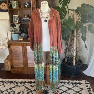 The Morgan Factory Rust Hooded Sweater w/ Upcycled Silk Long Cardigan OS